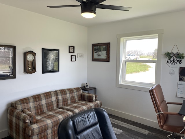 3826 S 77th Rd, Dunnegan, MO 65640 - interior space with dark wood finished floors, baseboards, and ceiling fan