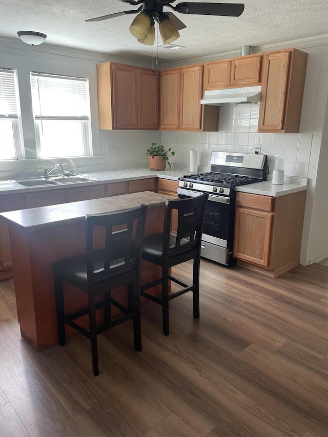 kitchen featuring dark wood-type flooring, gas range, under cabinet range hood, and a sink
