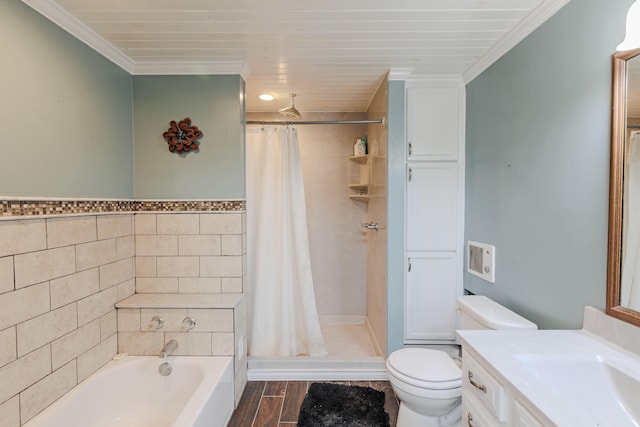 bathroom featuring toilet, curtained shower, wood finished floors, and vanity