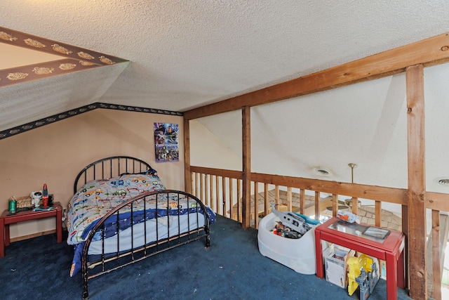 carpeted bedroom featuring a textured ceiling and lofted ceiling with beams