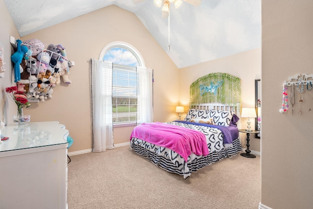 carpeted bedroom with a ceiling fan, baseboards, multiple windows, and lofted ceiling