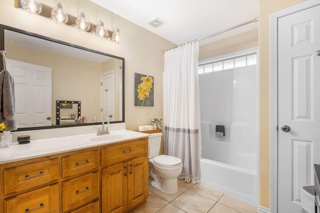full bath featuring vanity, tile patterned floors, toilet, shower / bathtub combination with curtain, and visible vents