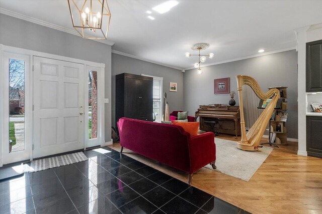 2111 Sycamore Dr, West Plains, MO 65775 - living area featuring ornamental molding, recessed lighting, a chandelier, granite finish floor, and baseboards