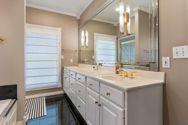 2111 Sycamore Dr, West Plains, MO 65775 - bathroom with baseboards, double vanity, ornamental molding, tile patterned flooring, and a sink