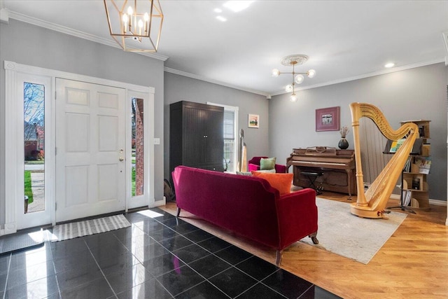 2111 Sycamore Dr, West Plains, MO 65775 - living room with baseboards, a notable chandelier, granite finish floor, crown molding, and recessed lighting