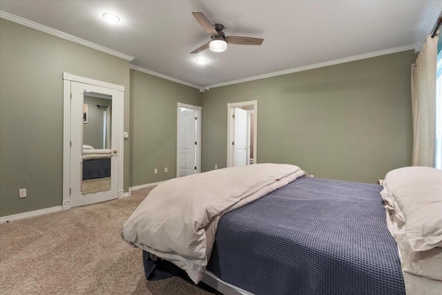 2111 Sycamore Dr, West Plains, MO 65775 - carpeted bedroom with baseboards, recessed lighting, crown molding, connected bathroom, and a ceiling fan