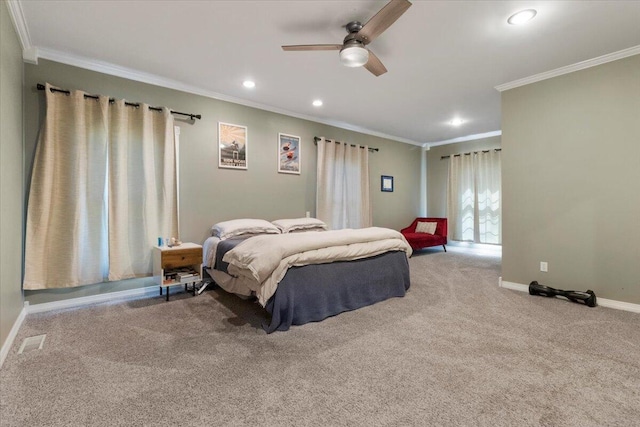 2111 Sycamore Dr, West Plains, MO 65775 - bedroom with baseboards, ornamental molding, ceiling fan, carpet floors, and recessed lighting