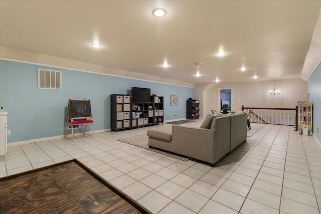 2111 Sycamore Dr, West Plains, MO 65775 - living room featuring visible vents, baseboards, a notable chandelier, recessed lighting, and light tile patterned flooring