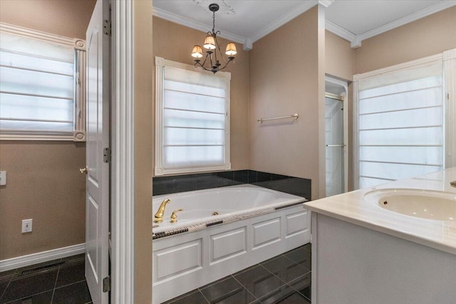 2111 Sycamore Dr, West Plains, MO 65775 - full bath with a chandelier, tile patterned flooring, a bath, and crown molding