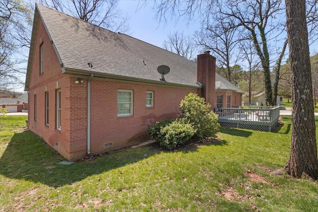 2111 Sycamore Dr, West Plains, MO 65775 - back of property featuring a yard, crawl space, a chimney, brick siding, and a wooden deck