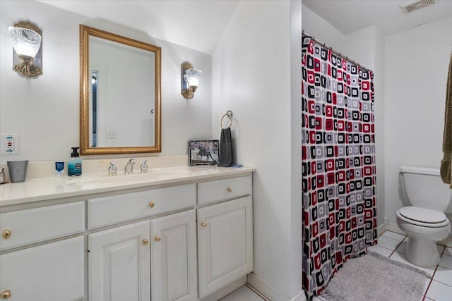2111 Sycamore Dr, West Plains, MO 65775 - bathroom featuring vanity, visible vents, toilet, a shower with shower curtain, and tile patterned floors