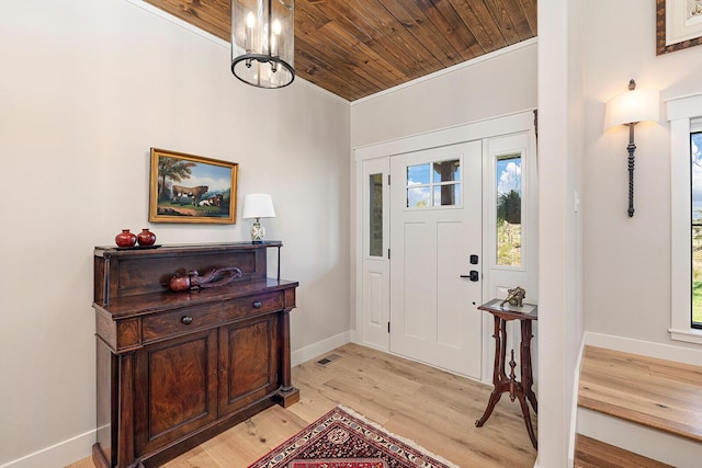 entryway featuring light wood-style floors, wooden ceiling, and baseboards