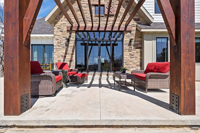 view of patio with an outdoor hangout area and a pergola