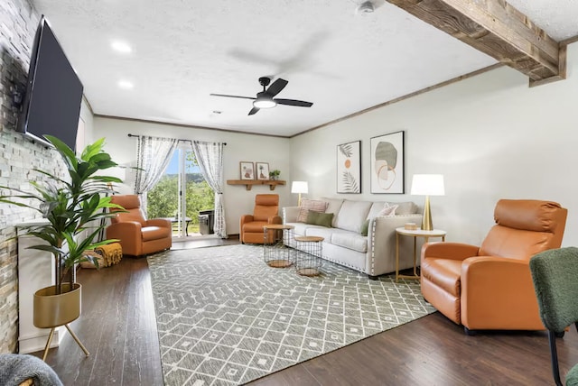 124 Grandview Dr Unit 3, Branson, MO 65616 - living area with beam ceiling, a ceiling fan, ornamental molding, and wood finished floors