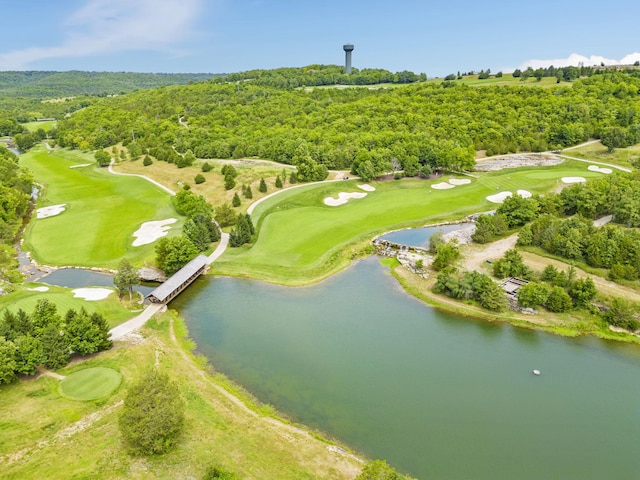 birds eye view of property with golf course view, a view of trees, and a water view