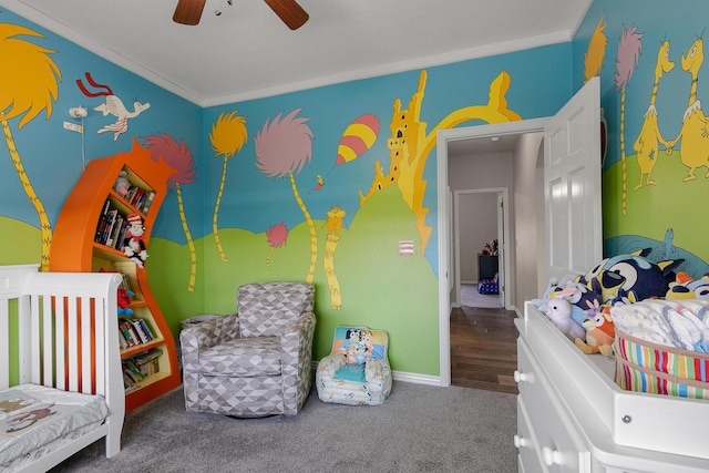 bedroom featuring ceiling fan, baseboards, and carpet floors