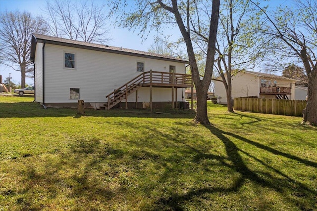 1945 Debra Dr, West Plains, MO 65775 - rear view of house with a yard, stairway, a wooden deck, and fence
