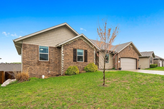 ranch-style home featuring brick siding, a front yard, an attached garage, and driveway