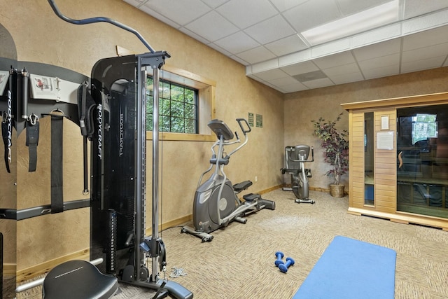 workout room featuring carpet flooring, baseboards, and a drop ceiling