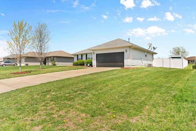 715 Woodlawn St, Marshfield, MO 65706 - ranch-style house with concrete driveway, a garage, fence, and a front lawn