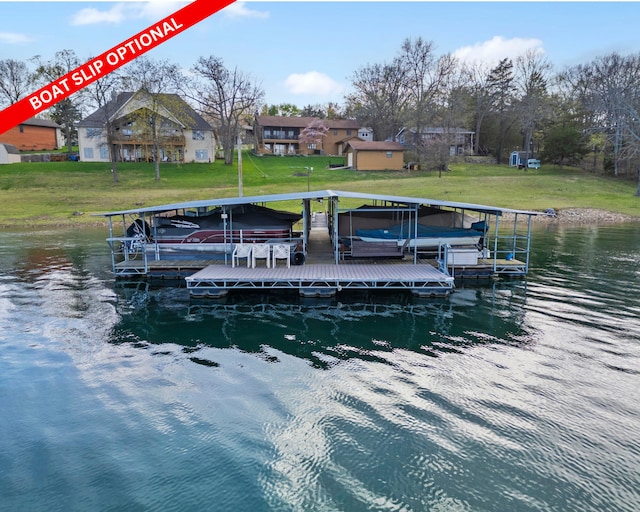205 Forest Ln, Kimberling City, MO 65686 - dock with boat lift, a water view, and a lawn