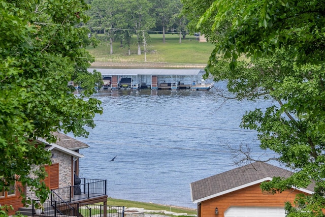 205 Forest Ln, Kimberling City, MO 65686 - dock area with a water view and a lawn