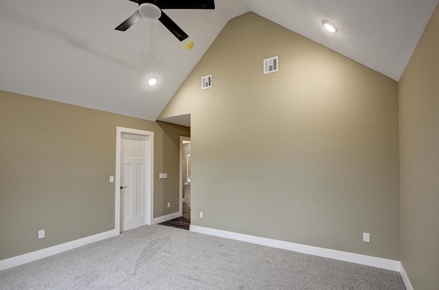 spare room with visible vents, baseboards, a ceiling fan, and carpet floors
