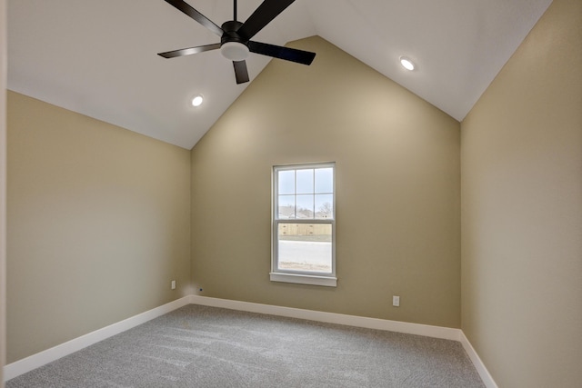 carpeted empty room with baseboards, a ceiling fan, high vaulted ceiling, and recessed lighting