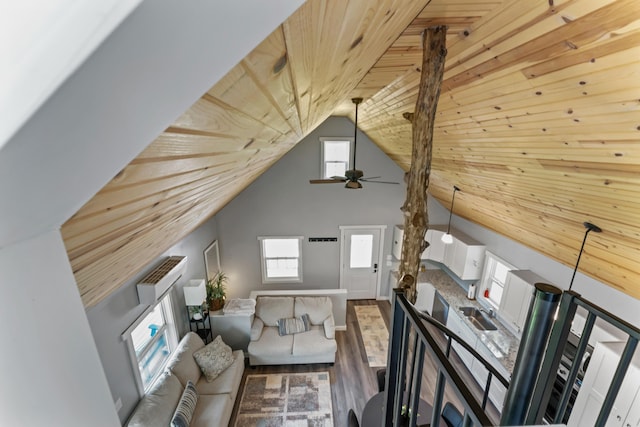 27857 Farm Rd Unit 1250, Golden, MO 65658 - living area with high vaulted ceiling, wood finished floors, wood ceiling, and ceiling fan