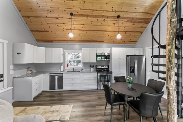 27857 Farm Rd Unit 1250, Golden, MO 65658 - kitchen with stainless steel appliances, wooden ceiling, a sink, white cabinets, and pendant lighting