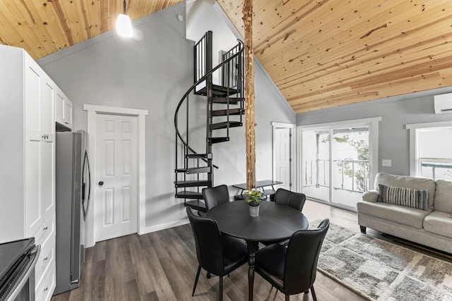 27857 Farm Rd Unit 1250, Golden, MO 65658 - dining room with wooden ceiling, high vaulted ceiling, stairs, dark wood-style flooring, and a wall mounted AC
