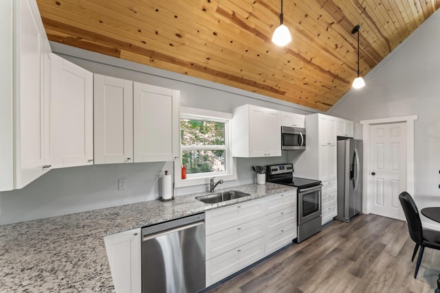 27857 Farm Rd Unit 1250, Golden, MO 65658 - kitchen featuring appliances with stainless steel finishes, a sink, wood ceiling, white cabinetry, and decorative light fixtures