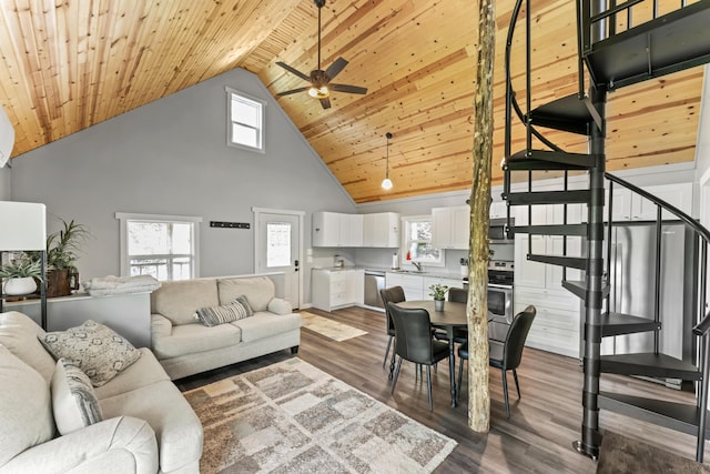 27857 Farm Rd Unit 1250, Golden, MO 65658 - living room with stairway, high vaulted ceiling, ceiling fan, dark wood-style flooring, and plenty of natural light