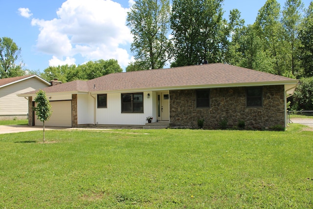 2558 W Village Ln, Springfield, MO 65807 - single story home with concrete driveway, a garage, a front yard, and stone siding