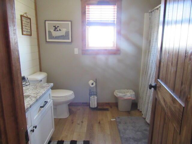 full bathroom with vanity, toilet, and wood finished floors