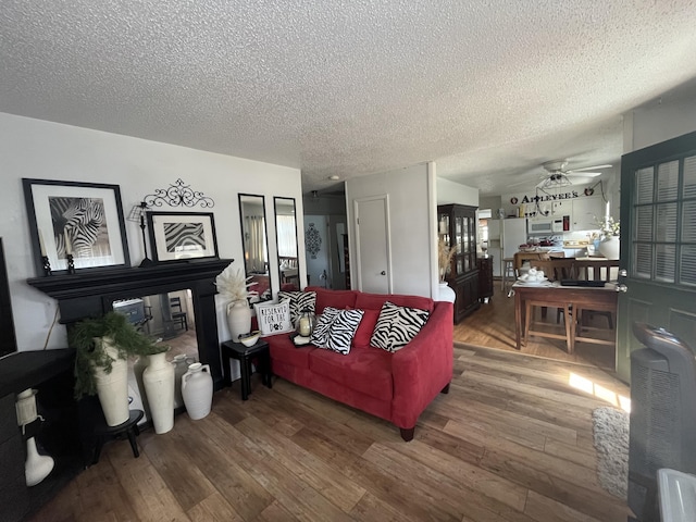 1131 Polk St, Warsaw, MO 65355 - living room featuring ceiling fan, wood finished floors, and a textured ceiling