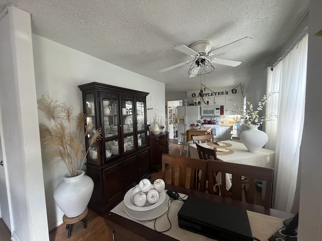 1131 Polk St, Warsaw, MO 65355 - dining space featuring ceiling fan, wood finished floors, and a textured ceiling