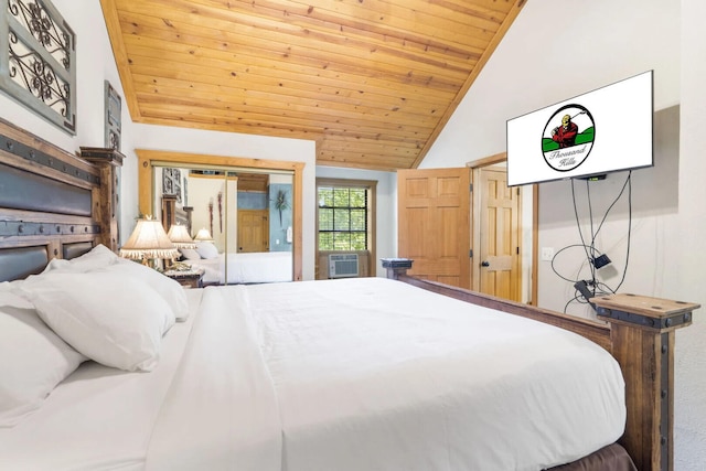 bedroom with wooden ceiling, access to exterior, vaulted ceiling, and cooling unit