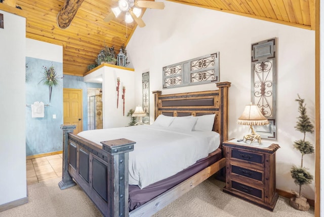 bedroom with baseboards, high vaulted ceiling, wooden ceiling, and light colored carpet