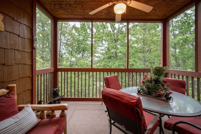 sunroom / solarium with outdoor dining space, plenty of natural light, and ceiling fan