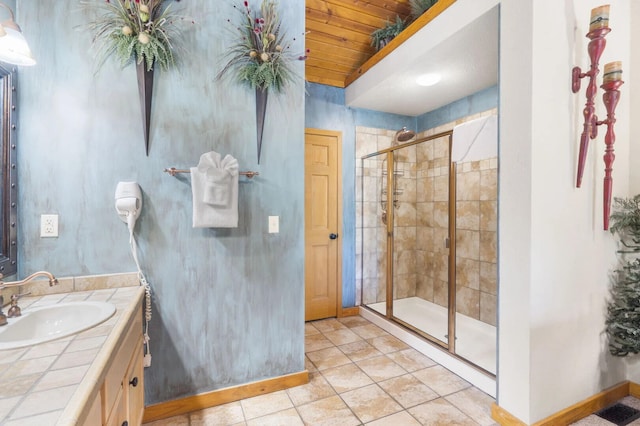 full bathroom with visible vents, baseboards, vanity, tile patterned floors, and a stall shower