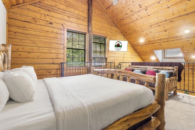 carpeted bedroom featuring wooden walls, vaulted ceiling, and wooden ceiling