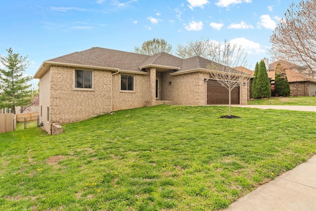 single story home featuring fence, a front lawn, brick siding, a garage, and driveway