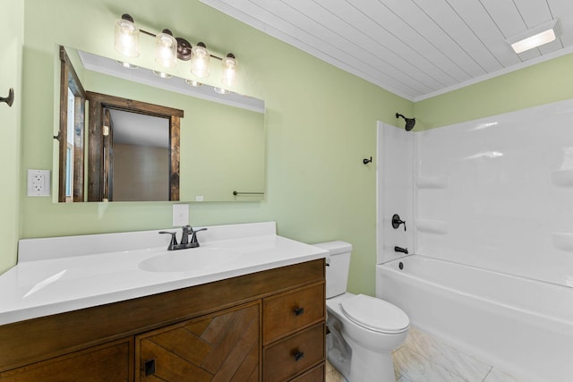 full bath featuring vanity, ornamental molding, toilet, shower / bath combination, and wooden ceiling