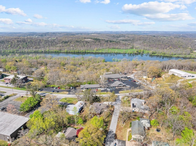 birds eye view of property featuring a wooded view and a water view