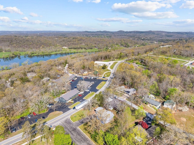 birds eye view of property with a water view and a wooded view