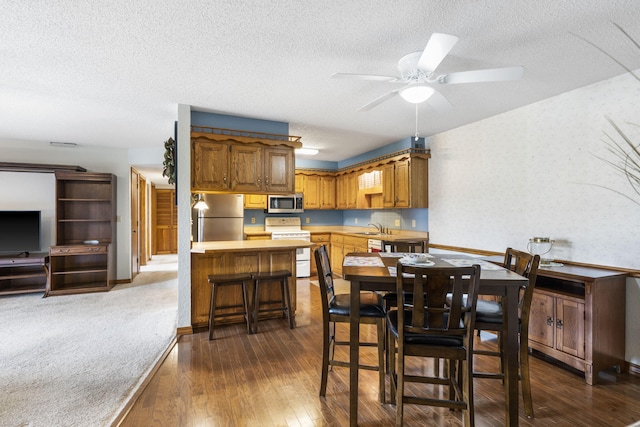dining area featuring dark wood-type flooring, baseboards, ceiling fan, and a textured ceiling