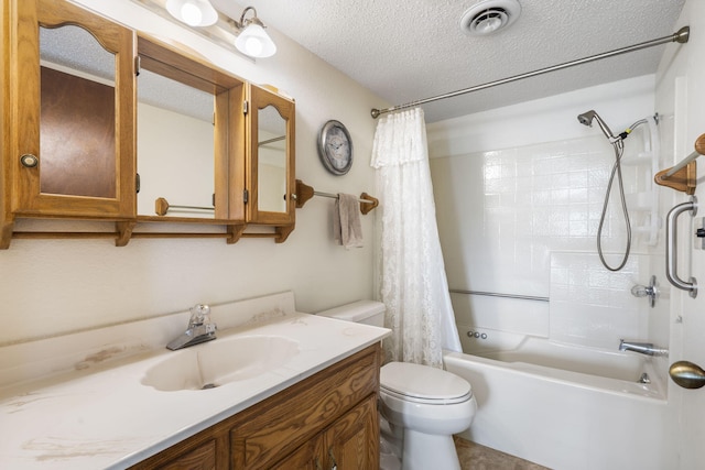 bathroom with shower / tub combo, vanity, a textured ceiling, toilet, and visible vents