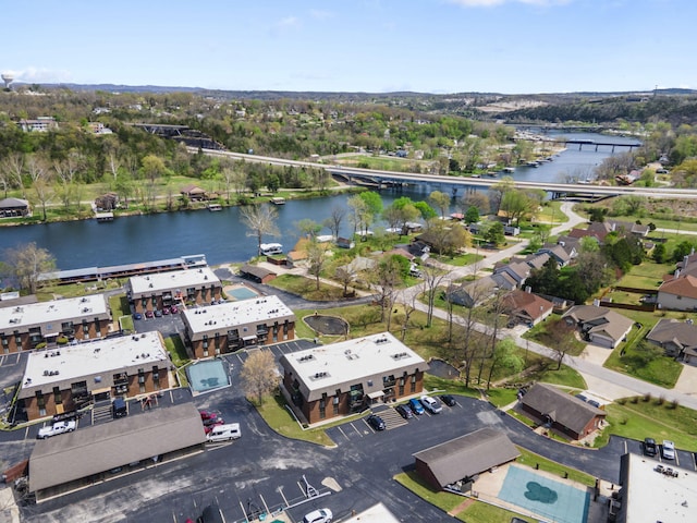 drone / aerial view featuring a water view