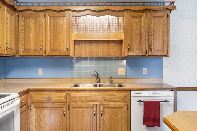 kitchen with tasteful backsplash, light countertops, brown cabinetry, dishwashing machine, and a sink